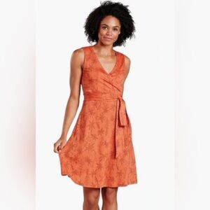 Toad & Co Orange Poppy Floral Cue Faux Wrap Waist Tie Sleeveless Dress Sz Medium